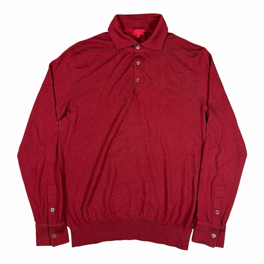 Isaia Napoli Polo Shirt Mens 100% Cashmere Long Sleeve Burgundy Italy Old Money